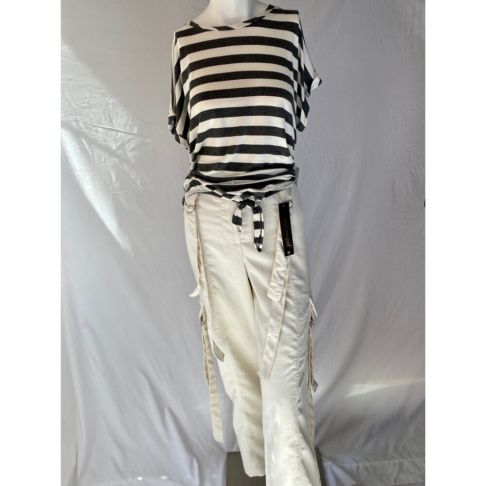 Like an Angel Pants Size M Ivory Strap Details Flex Waist Pockets